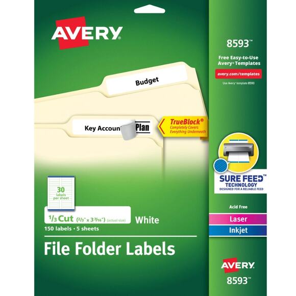 NWT Avery File Folder Labels, Paper, White, 2/3" x 3 7/16", 150 Count, 0.26 lb - Picture 1 of 4